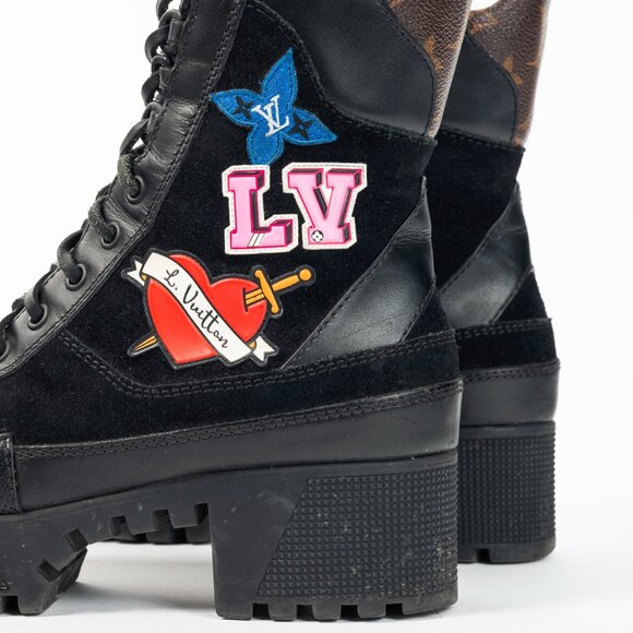 Louis Vuitton Laureate Black Suede & Monogram Canvas Patch-Applique Boots - Picture 8 of 12